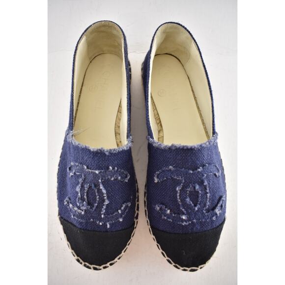 Chanel REV Blue Black Linen Canvas CC Logo Double Sole Espadrille Flat 37 RARE - Picture 10 of 14